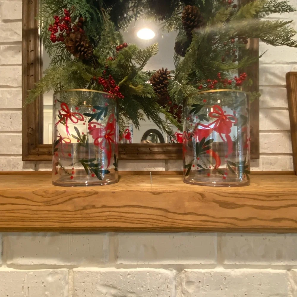NWT Viral HomeGoods Candle Hurricane x 2 with painted red bows and holly